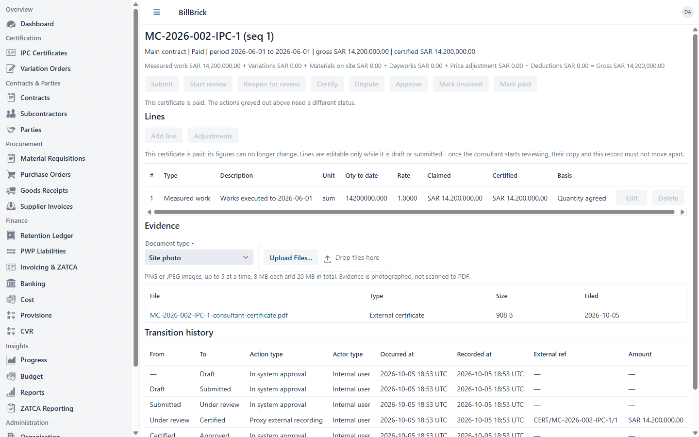 BillBrick payment certificate with valuation build-up, lines, evidence and transition history