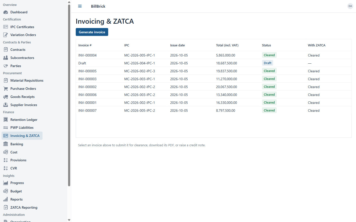 BillBrick tax invoices with their ZATCA clearance status
