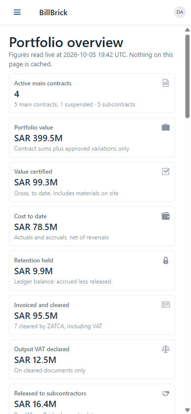 BillBrick portfolio overview on a phone screen